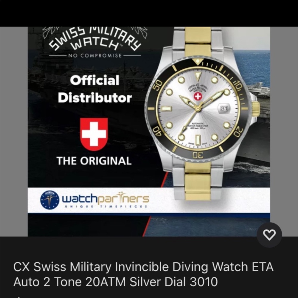 CX Swiss Military Invincible 2-tone Diving Watch 100% authentic